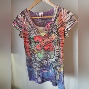 UNBRANDED Burnout Y2K Tattoo Print "So Sweet" Short Sleeve Tee - Large